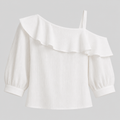 White cold-shoulder blouse with a wide ruffled neckline, long puff sleeves, and a thin shoulder strap, shown on a light gray background.