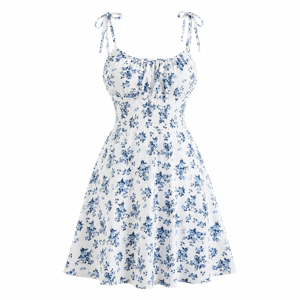 White sleeveless A-line dress with a blue floral print, tie straps, and a gathered sweetheart neckline, shown on a plain white background.