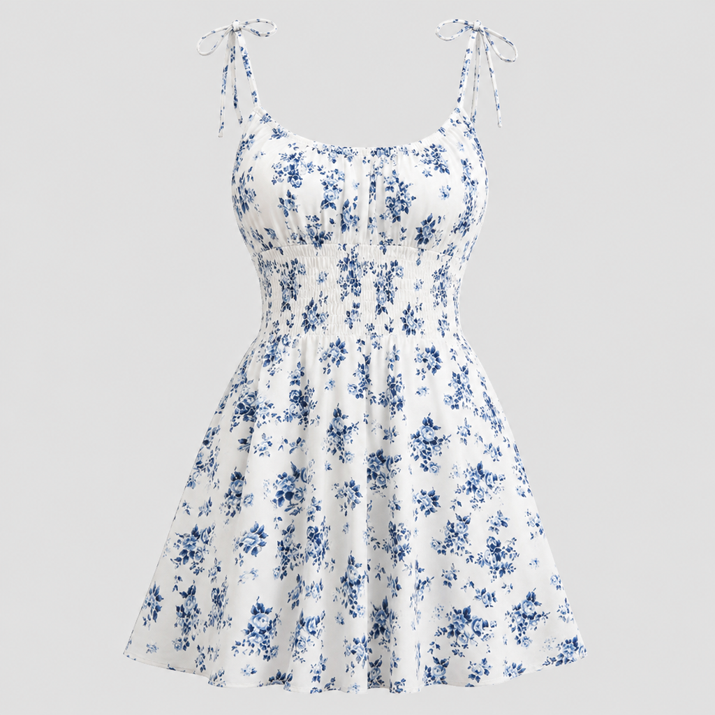 White sleeveless skater dress with a blue floral print, featuring thin adjustable tie straps and a gathered empire waist, shown against a solid light gray background.