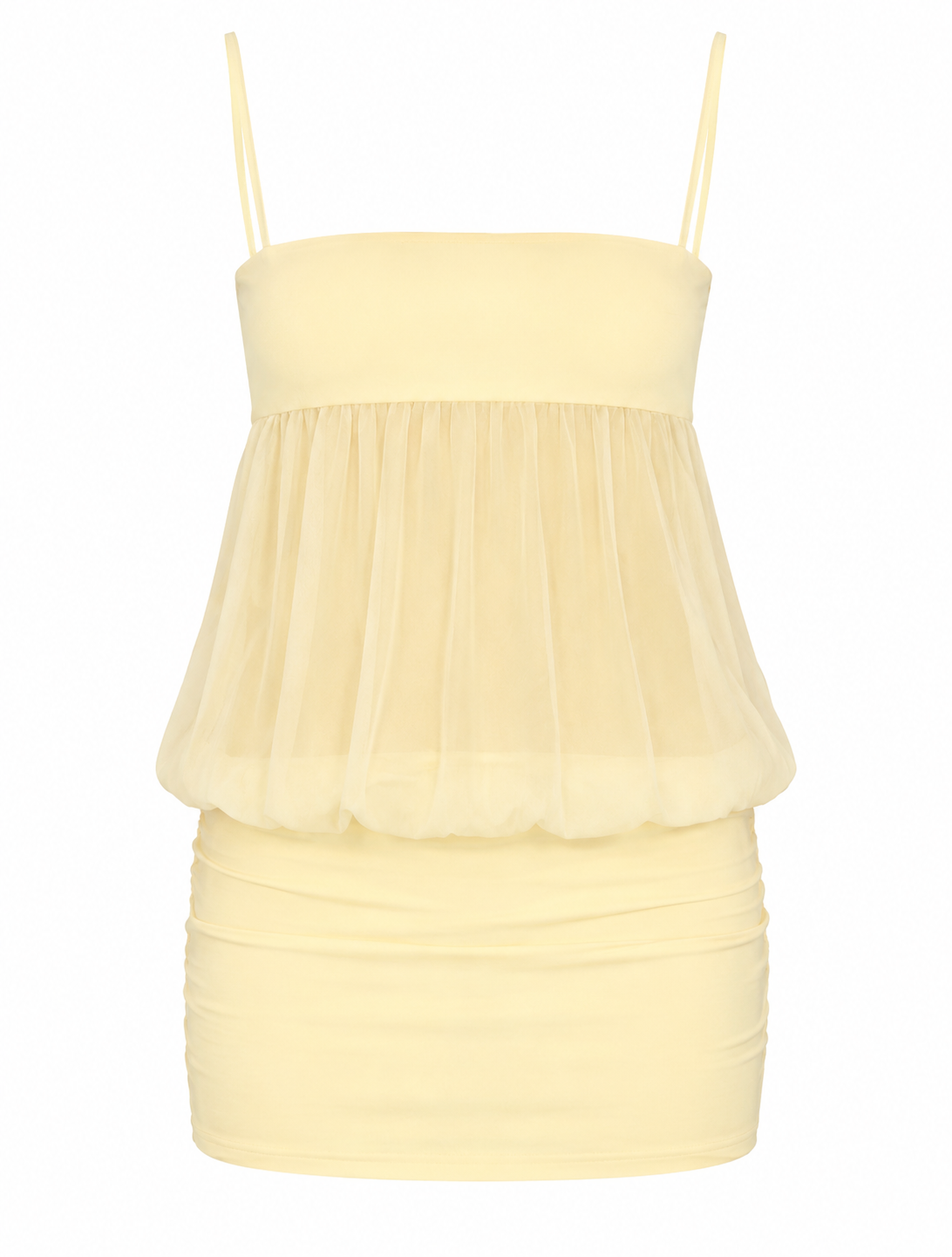 A pale yellow spaghetti-strap mini dress featuring a structured sweetheart bodice, a sheer mesh peplum overlay, and a ruched gathered skirt, shown against a plain white background.