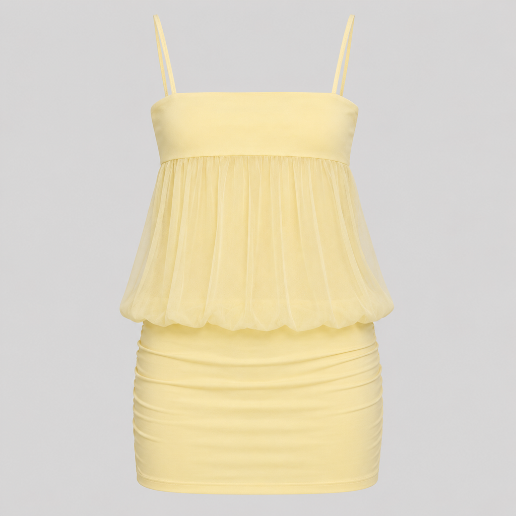A pale yellow two-piece swimsuit featuring a sheer mesh peplum top with spaghetti straps and a ruched, bodycon mini skirt, shown against a solid gray background.