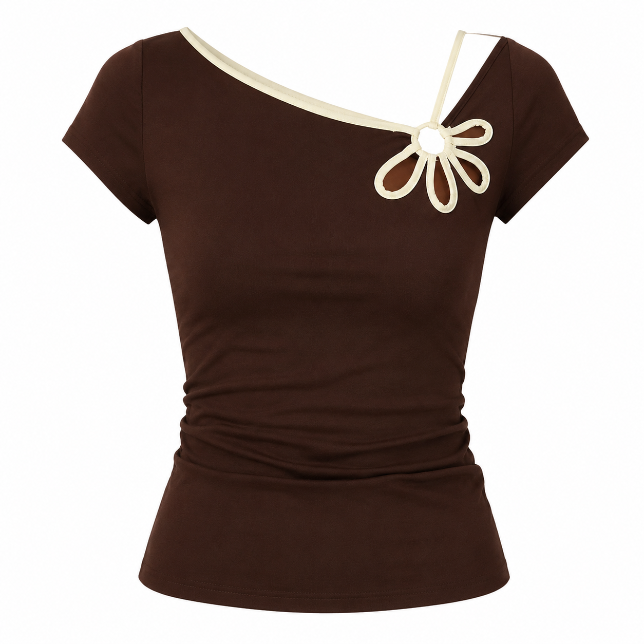 A dark brown short-sleeve top with a cream-colored asymmetrical neckline and a matching cream bow detail at the chest, displayed on a white background.